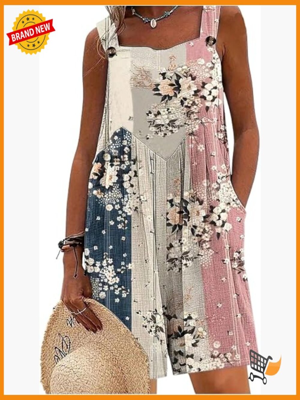 Plus Size Floral Romper Color Block Sleeveless Jumpsuit Boho Summer Overalls